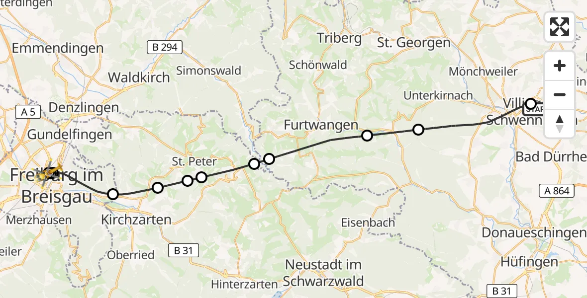Flugroute Ambulanzhubschrauber DRF Air Rescue Station Villingen-Schwenningen Hubschrauberlandeplatz (Christoph 11) - Freiburg University Hospital Heliport 1, 03 Juni 2026, 08:56