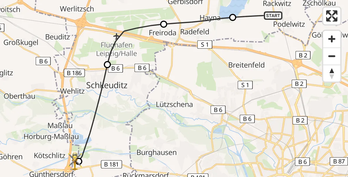 Flugroute Rettungshubschrauber Rackwitz - ADAC Air Rescue Station Leipzig/Schkeuditz-Dölzig Hubschrauberlandeplatz (Christoph 61), 03 Juni 2026, 09:01