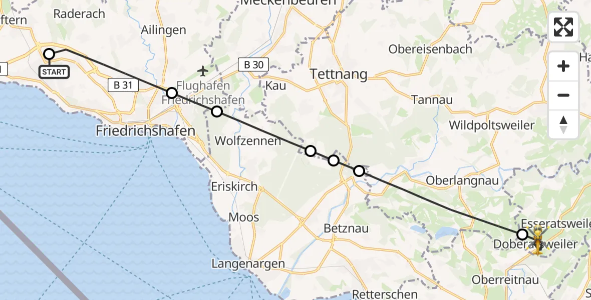 Flugroute Rettungshubschrauber Friedrichshafen Hospital - Achberg, 03 Juni 2026, 09:04