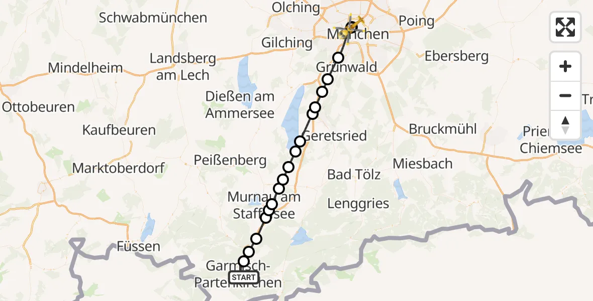 Flugroute Rettungshubschrauber Garmisch-Partenkirchen - Deutsches Herzzentrum München, 03 Juni 2026, 09:06