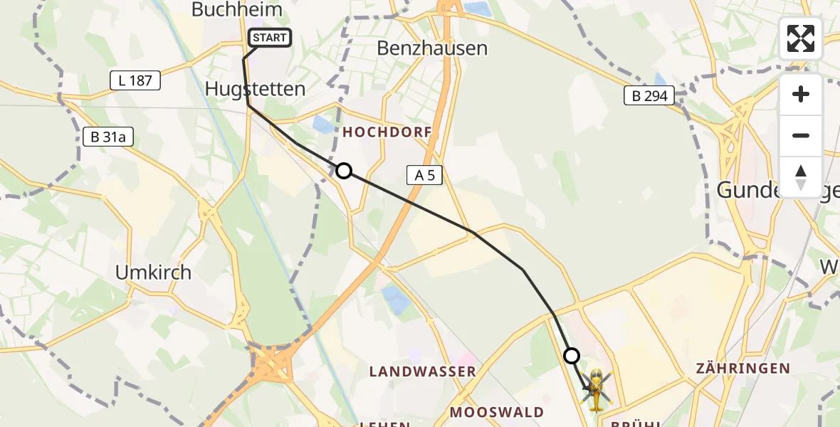 Flugroute Rettungshubschrauber March - Freiburg im Breisgau Flugplatz, 03 Juni 2026, 09:08