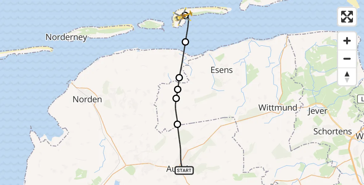 Flugroute Ambulanzhubschrauber Aurich - Langeoog Flughafen, 03 Juni 2026, 09:13