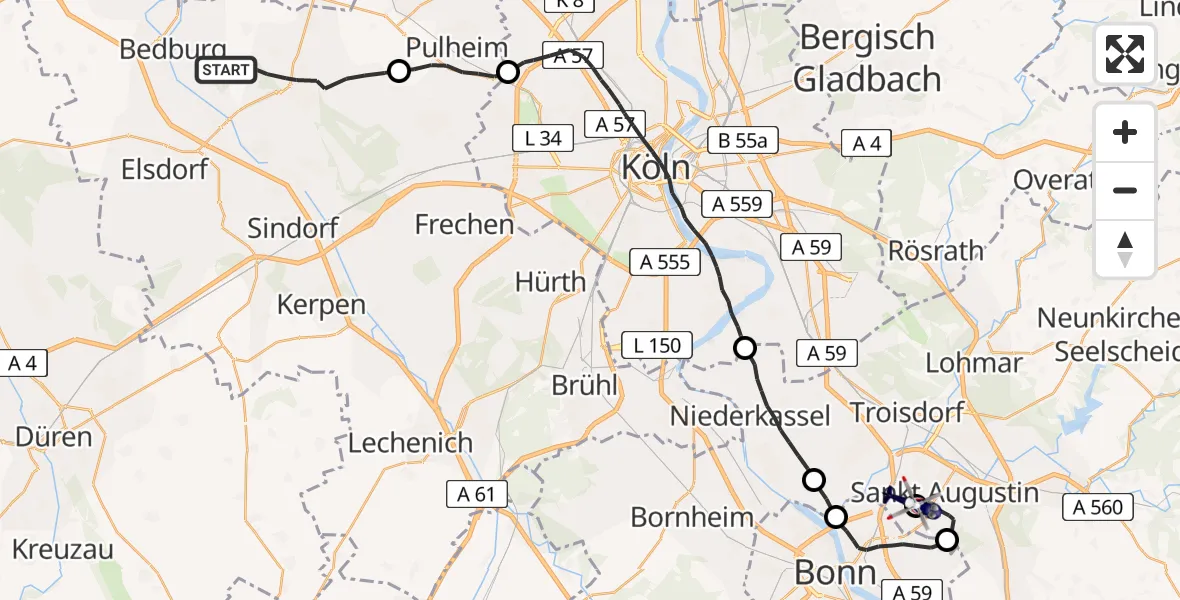 Flugroute Polizeihubschrauber Bergheim - Bonn-Hangelar Flugplatz, 03 Juni 2026, 09:21