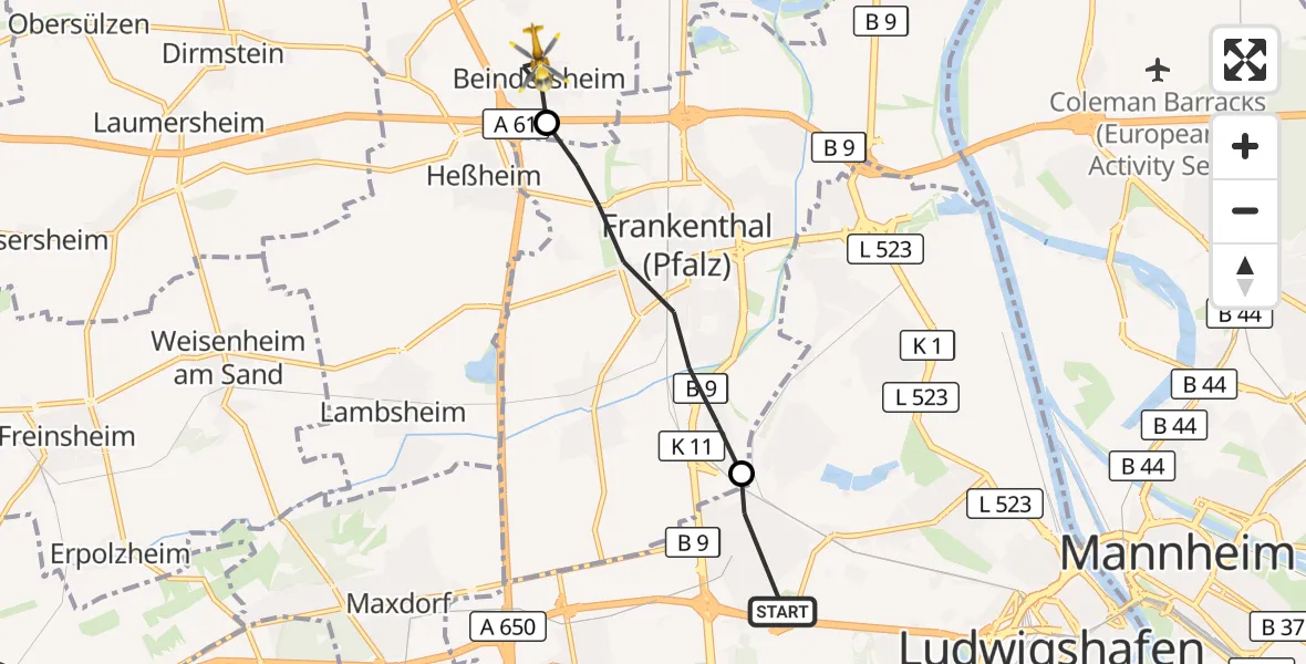 Flugroute Rettungshubschrauber Ludwigshafen am Rhein - Beindersheim, 03 Juni 2026, 09:22