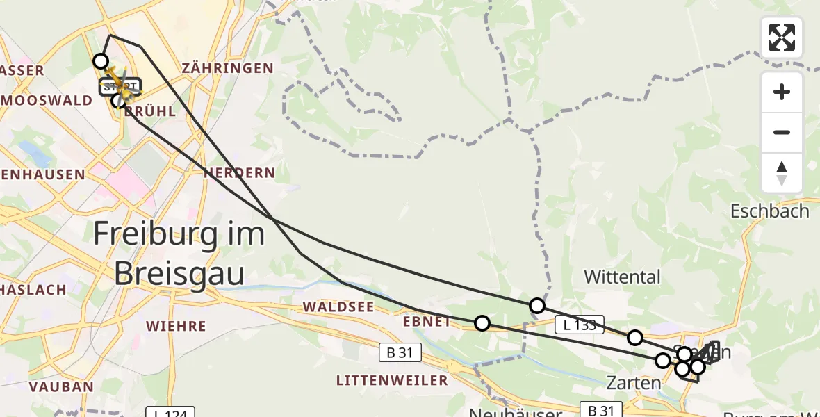 Flugroute Rettungshubschrauber Freiburg im Breisgau Flugplatz - Freiburg im Breisgau Flugplatz, 03 Juni 2026, 09:26