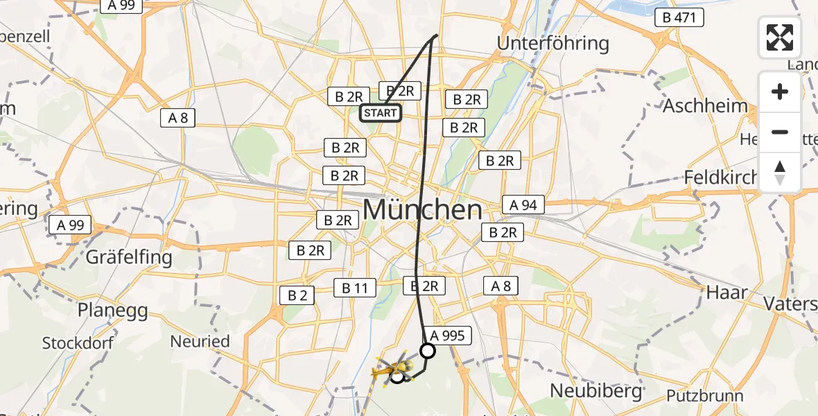 Flugroute Rettungshubschrauber München - ADAC Air Rescue Center Hubschrauberlandeplatz (Christoph 1), 03 Juni 2026, 09:28