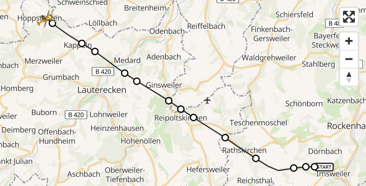 Flugroute Rettungshubschrauber Imsweiler UL - Hoppstädten, 03 Juni 2026, 09:28