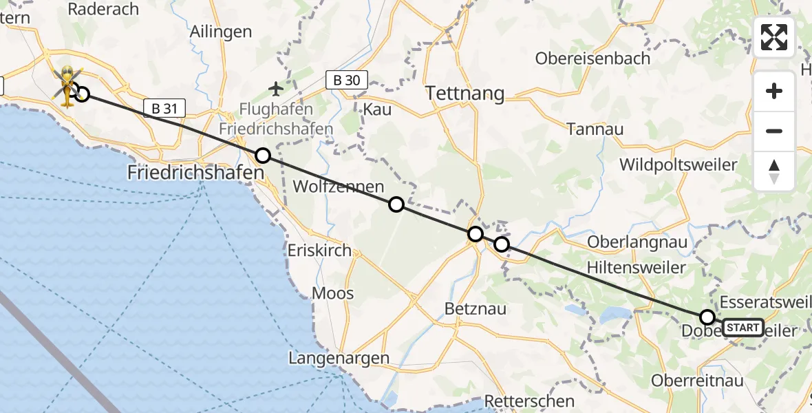 Flugroute Rettungshubschrauber Achberg - Friedrichshafen Hospital, 03 Juni 2026, 09:29