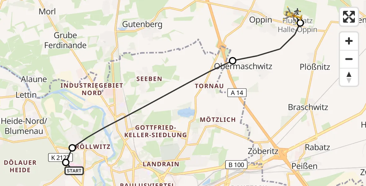 Flugroute Rettungshubschrauber Halle (Saale) University Hospital - Halle-Oppin Flugplatz, 03 Juni 2026, 09:35