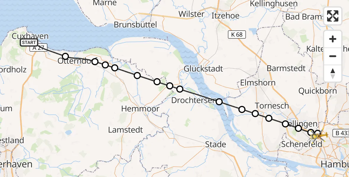 Flugroute Ambulanzhubschrauber Cuxhaven - Hamburg, 03 Juni 2026, 09:36