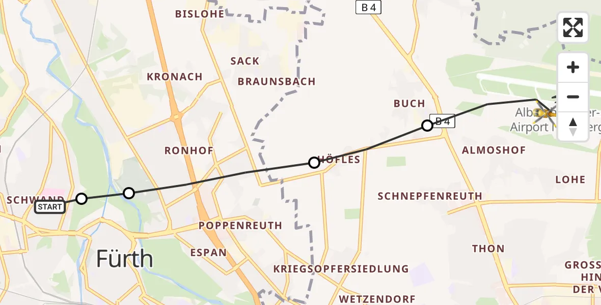 Flugroute Ambulanzhubschrauber Fürth Hospital - Flughafen Nuremberg, 03 Juni 2026, 09:37
