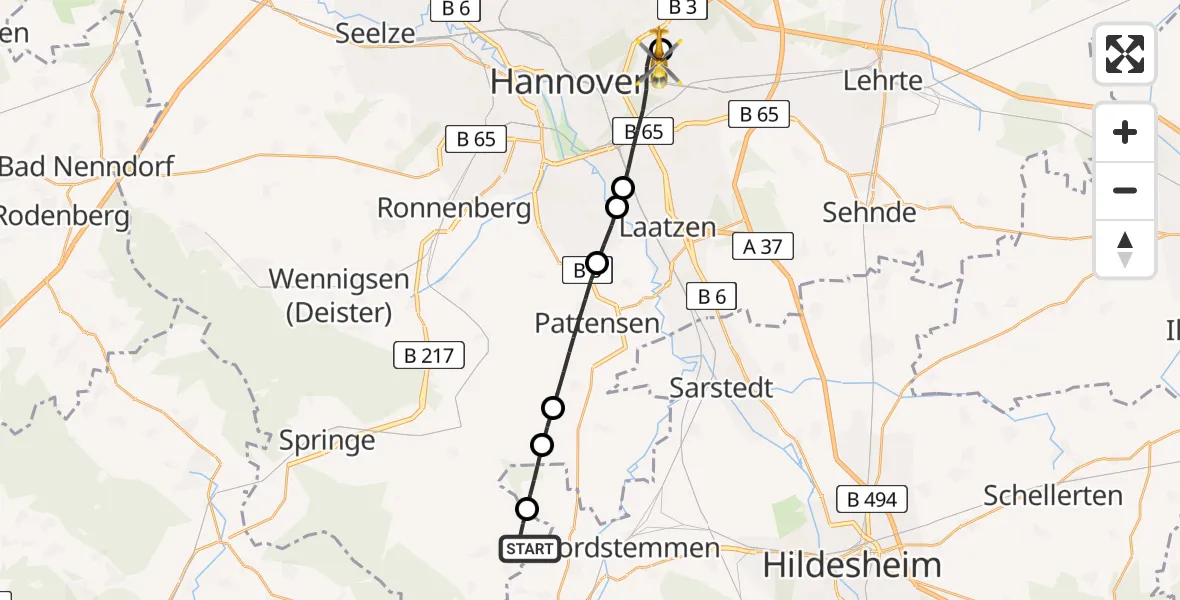 Flugroute Rettungshubschrauber Springe - Hannover Luftrettung Hubschrauberlandeplatz (Christoph 4), 03 Juni 2026, 09:41