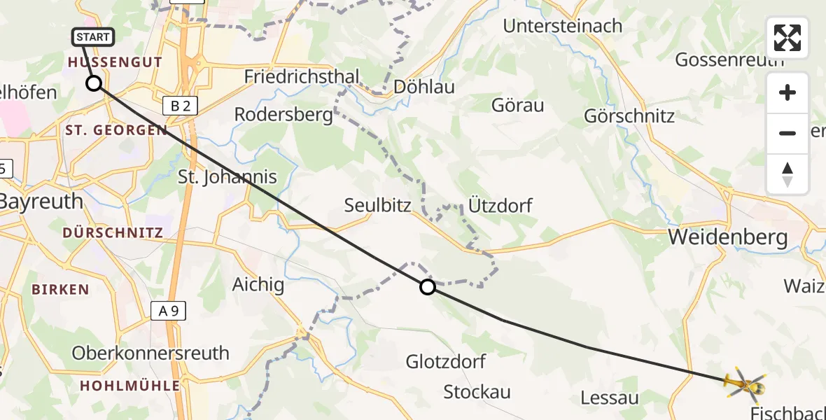 Flugroute Rettungshubschrauber Hohe Warte Hospital - Weidenberg, 03 Juni 2026, 09:41