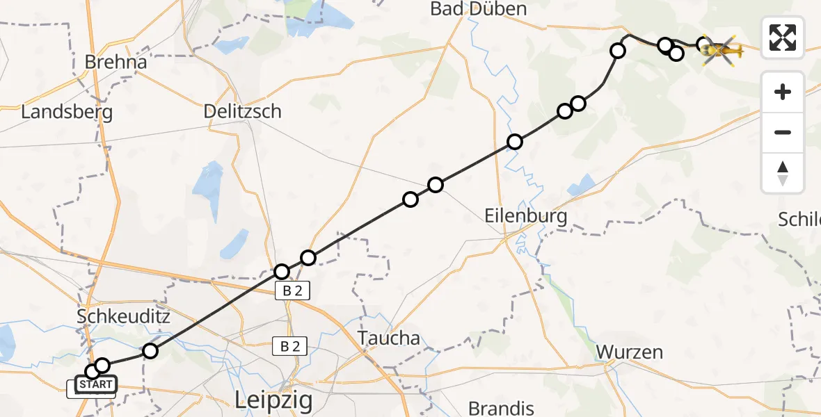 Flugroute Rettungshubschrauber ADAC Air Rescue Station Leipzig/Schkeuditz-Dölzig Hubschrauberlandeplatz (Christoph 61) - Dreiheide, 03 Juni 2026, 09:45