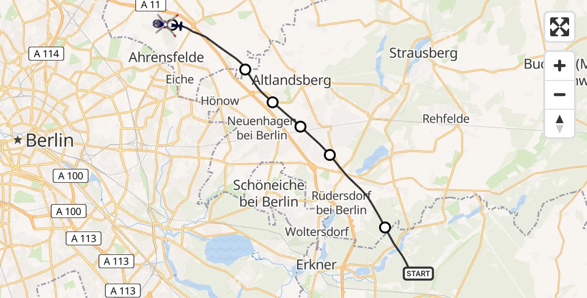 Flugroute Polizeihubschrauber Grünheide (Mark) - Ahrensfelde Hubschrauberlandeplatz, 03 Juni 2026, 09:53
