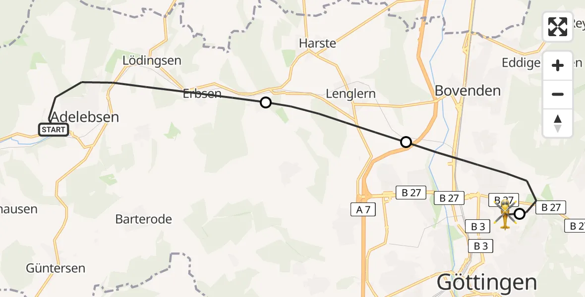 Flugroute Rettungshubschrauber Adelebsen - Göttingen University Clinic Hubschrauberlandeplatz, 03 Juni 2026, 09:58