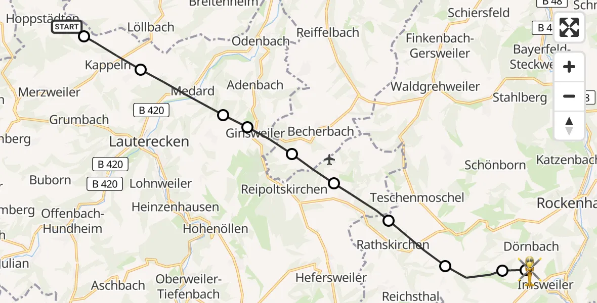 Flugroute Rettungshubschrauber Hoppstädten - Imsweiler UL, 03 Juni 2026, 10:00