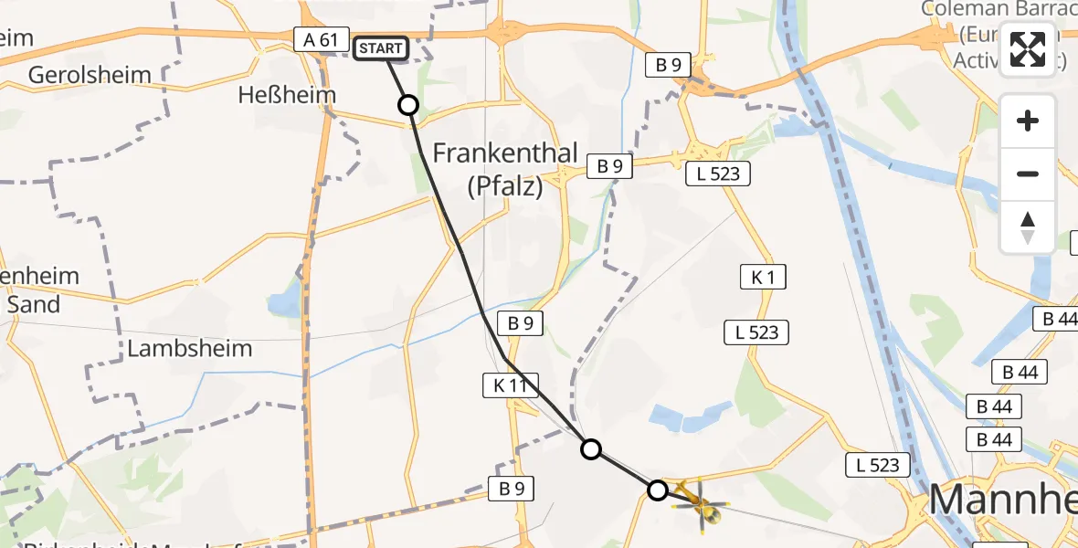 Flugroute Rettungshubschrauber Beindersheim - Ludwigshafen am Rhein, 03 Juni 2026, 10:02