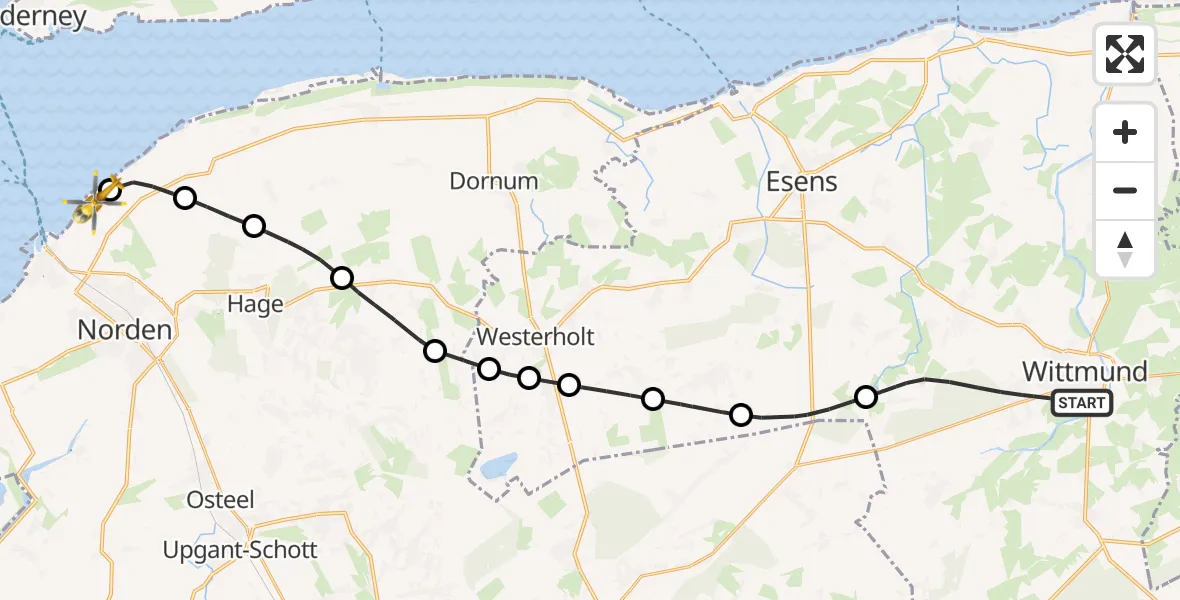Flugroute Ambulanzhubschrauber Wittmund - Noordzee, 03 Juni 2026, 10:08
