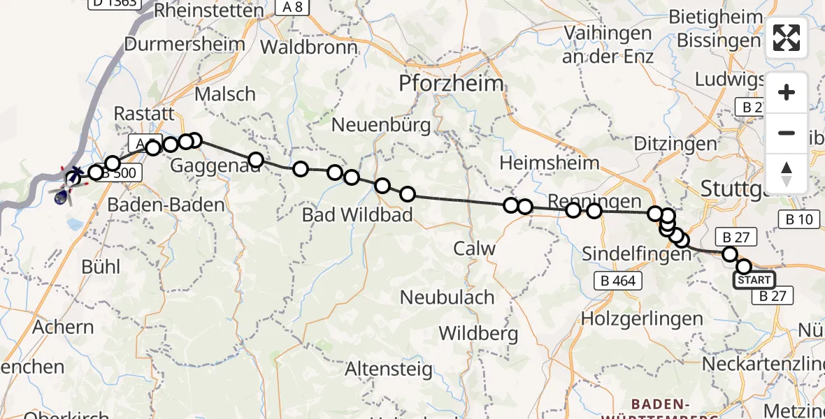 Flugroute Polizeihubschrauber Flughafen Stuttgart - Karlsruhe Baden-Baden Flughafen, 03 Juni 2026, 10:09