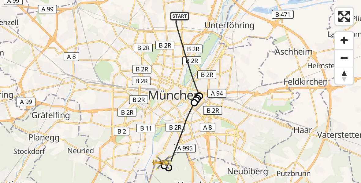 Flugroute Rettungshubschrauber München - ADAC Air Rescue Center Hubschrauberlandeplatz (Christoph 1), 03 Juni 2026, 10:12