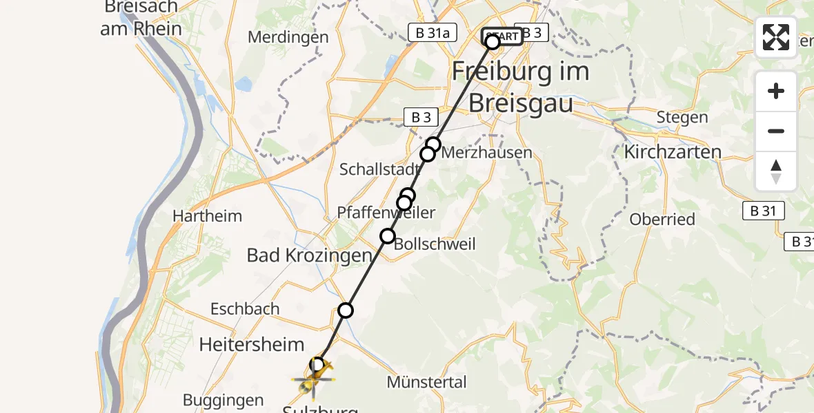 Flugroute Rettungshubschrauber Freiburg im Breisgau Flugplatz - Ballrechten-Dottingen, 03 Juni 2026, 10:16