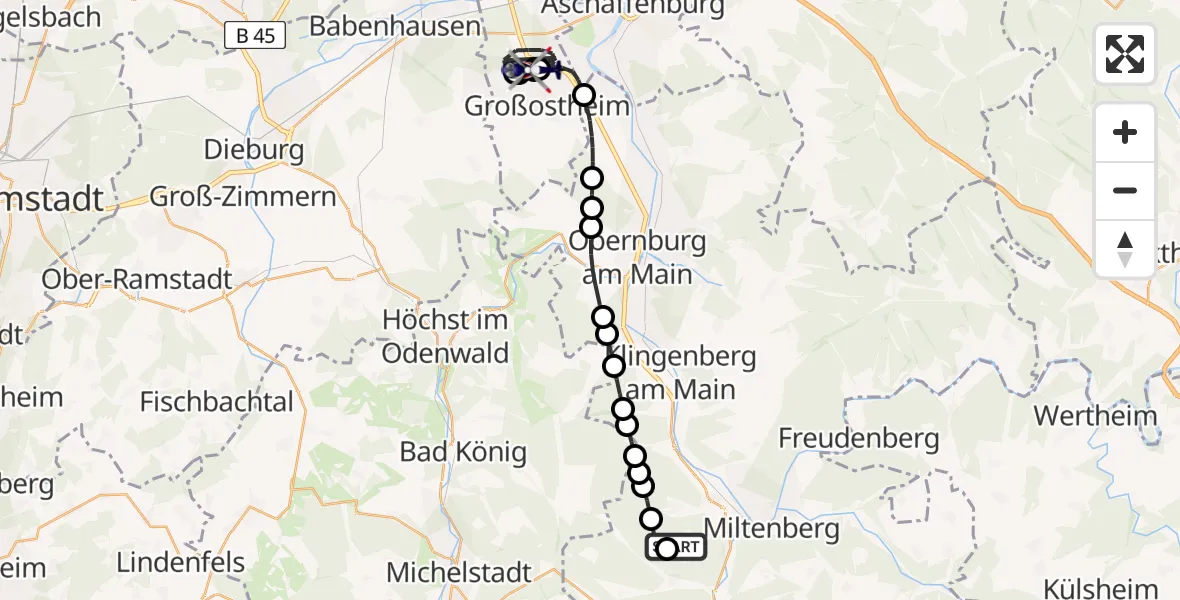 Flugroute Polizeihubschrauber Mainbullau Flugplatz - Flugplatz Aschaffenburg, 03 Juni 2026, 10:24