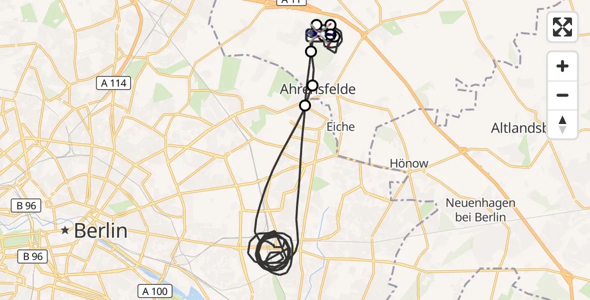 Flugroute Polizeihubschrauber Ahrensfelde Hubschrauberlandeplatz - Ahrensfelde Hubschrauberlandeplatz, 03 Juni 2026, 10:30