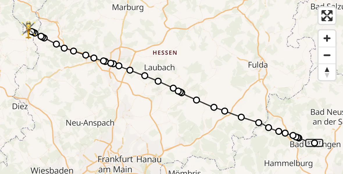 Flugroute Rettungshubschrauber Bad Kissingen Flugplatz - Siegerland Flughafen, 03 Juni 2026, 10:31