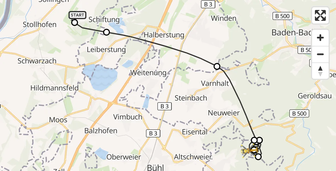 Flugroute Ambulanzhubschrauber Karlsruhe Baden-Baden Flughafen - Bühl, 03 Juni 2026, 10:34