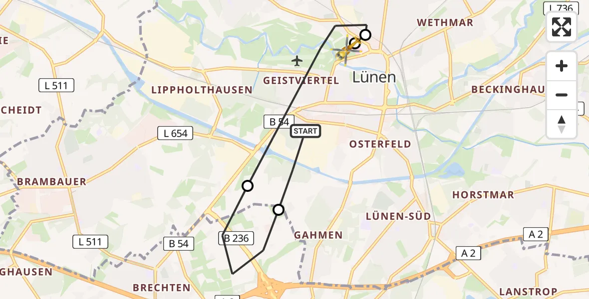 Flugroute Rettungshubschrauber Lünen - Sankt Marien Hospital, 03 Juni 2026, 10:36