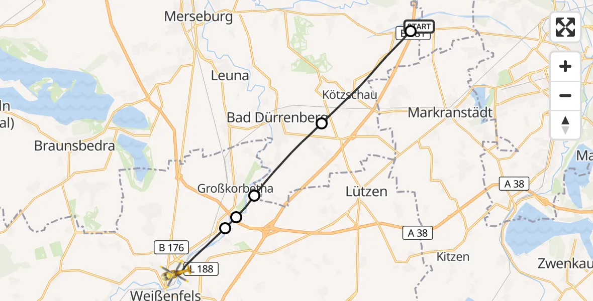 Flugroute Rettungshubschrauber ADAC Air Rescue Station Leipzig/Schkeuditz-Dölzig Hubschrauberlandeplatz (Christoph 61) - Weißenfels, 03 Juni 2026, 10:48