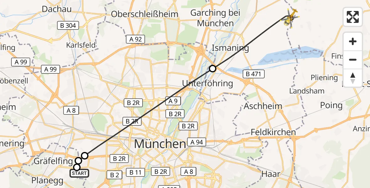 Flugroute Rettungshubschrauber DRF Air Rescue München Hubschrauberlandeplatz - Ismaning, 03 Juni 2026, 10:51