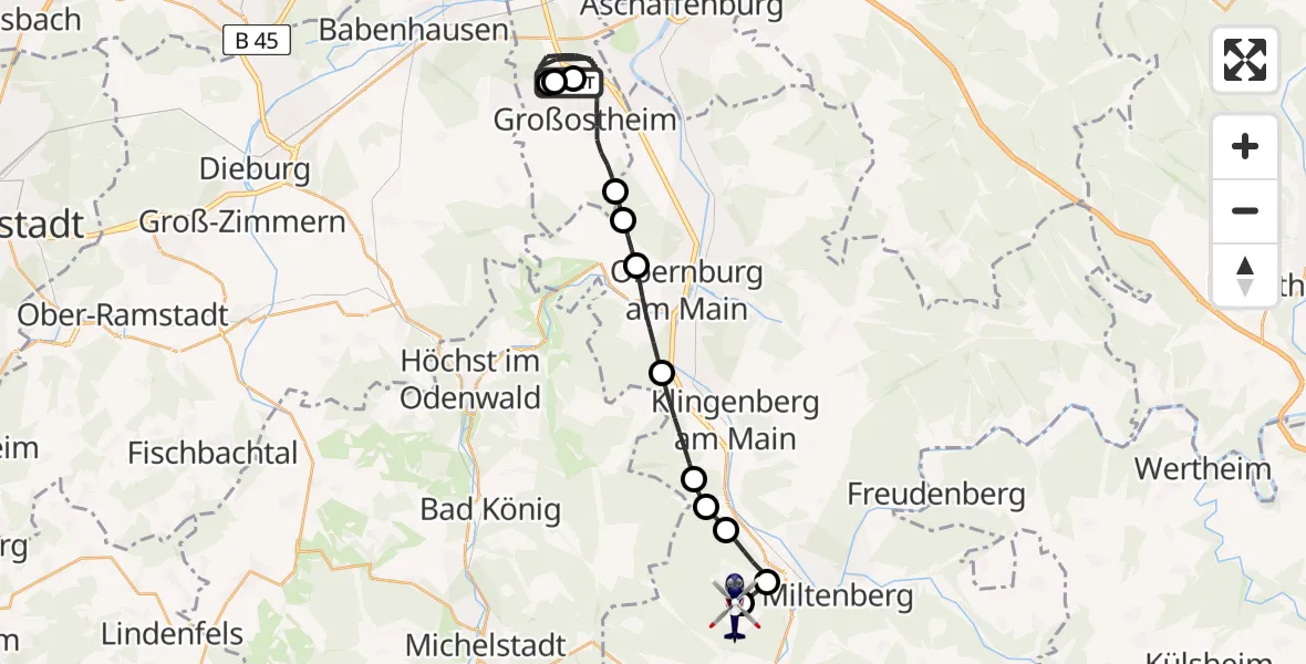 Flugroute Polizeihubschrauber Flugplatz Aschaffenburg - Mainbullau Flugplatz, 03 Juni 2026, 10:52