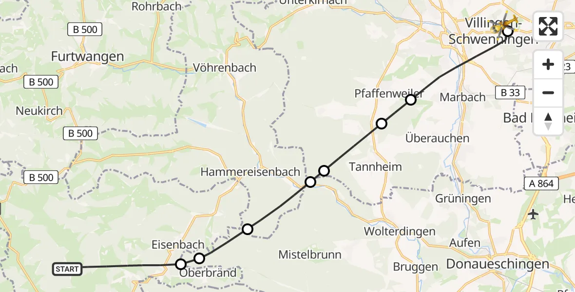Flugroute Ambulanzhubschrauber Titisee-Neustadt - DRF Air Rescue Station Villingen-Schwenningen Hubschrauberlandeplatz (Christoph 11), 03 Juni 2026, 10:58