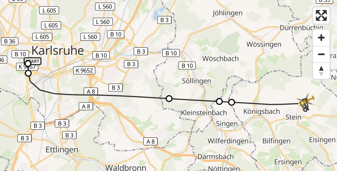 Flugroute Ambulanzhubschrauber Sankt Vincentius Hospital - Königsbach-Stein, 03 Juni 2026, 10:59