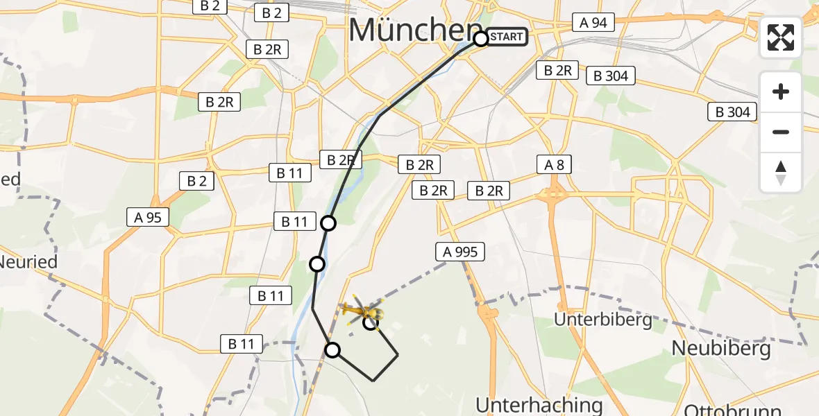 Flugroute Rettungshubschrauber Rechts der Isar University Hospital - ADAC Air Rescue Center Hubschrauberlandeplatz (Christoph 1), 03 Juni 2026, 11:01