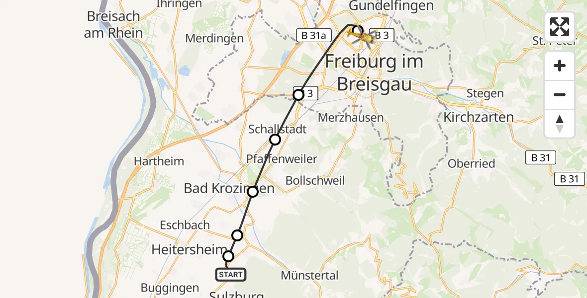 Flugroute Rettungshubschrauber Ballrechten-Dottingen - Freiburg im Breisgau Flugplatz, 03 Juni 2026, 11:06