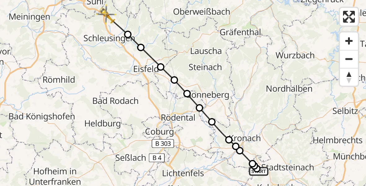 Flugroute Rettungshubschrauber Kulmbach - Schleusingen, 03 Juni 2026, 11:07