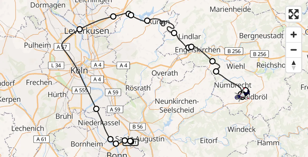 Flugroute Polizeihubschrauber Sankt Augustin - Waldbröl, 03 Juni 2026, 11:09