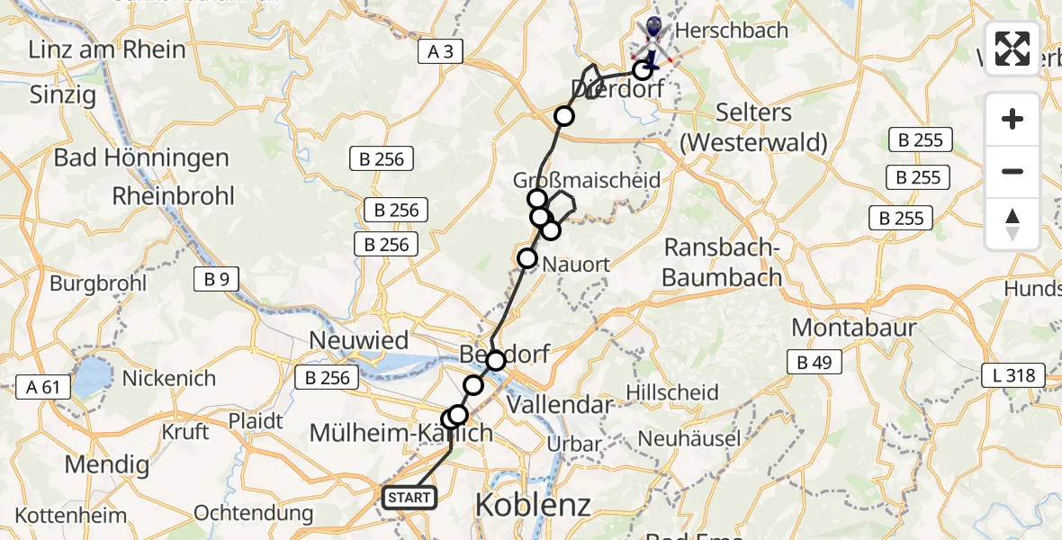 Flugroute Polizeihubschrauber Koblenz - Dierdorf, 03 Juni 2026, 11:21