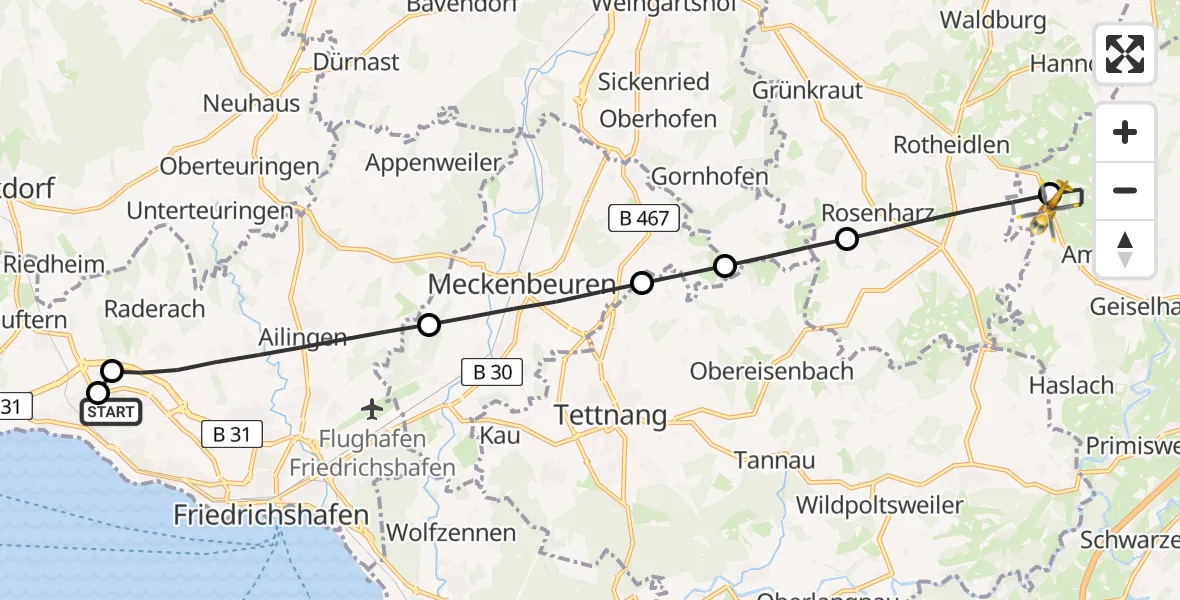 Flugroute Rettungshubschrauber Friedrichshafen Hospital - Amtzell, 03 Juni 2026, 11:24