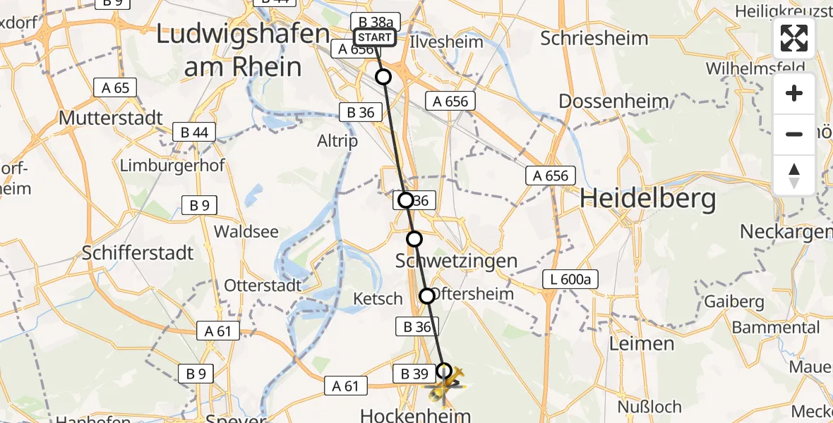 Flugroute Rettungshubschrauber Mannheim-City Flughafen - Hockenheim, 03 Juni 2026, 11:24