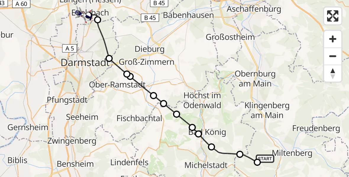 Flugroute Polizeihubschrauber Miltenberg - Flughafen Frankfurt-Egelsbach, 03 Juni 2026, 11:32