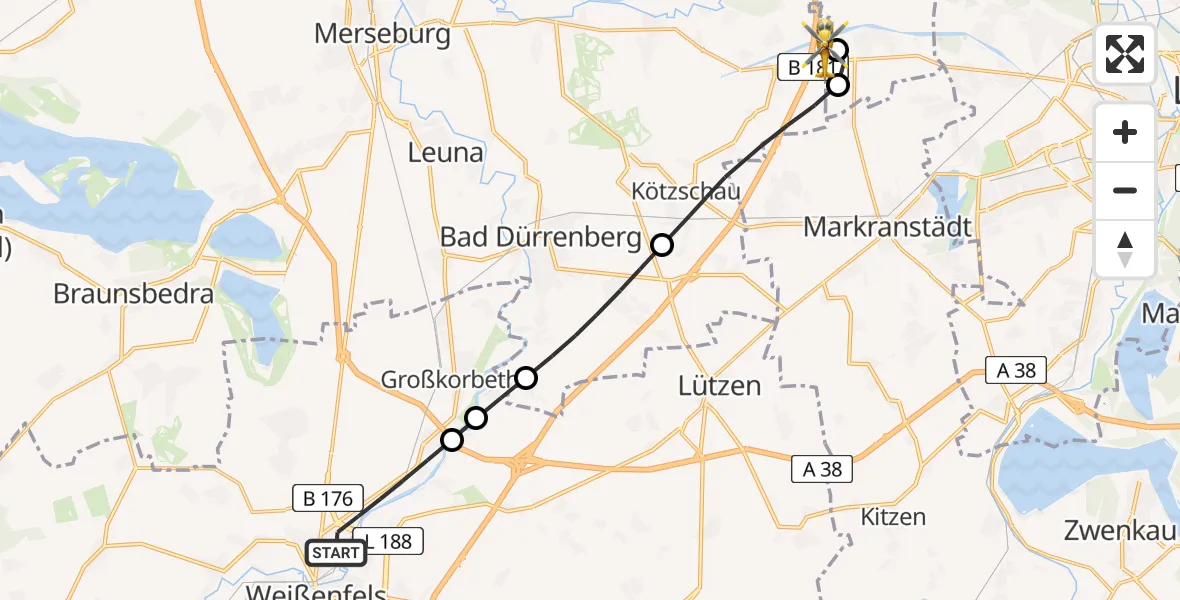 Flugroute Rettungshubschrauber Weißenfels - ADAC Air Rescue Station Leipzig/Schkeuditz-Dölzig Hubschrauberlandeplatz (Christoph 61), 03 Juni 2026, 11:34