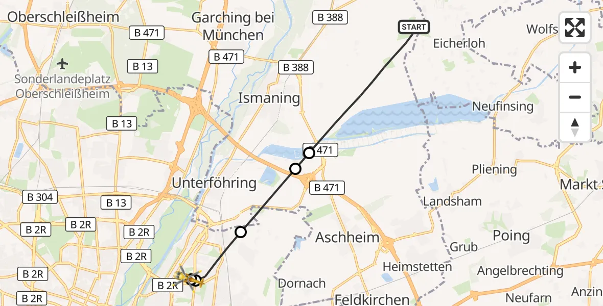 Flugroute Rettungshubschrauber Ismaning - München Bogenhausen Hospital, 03 Juni 2026, 11:34