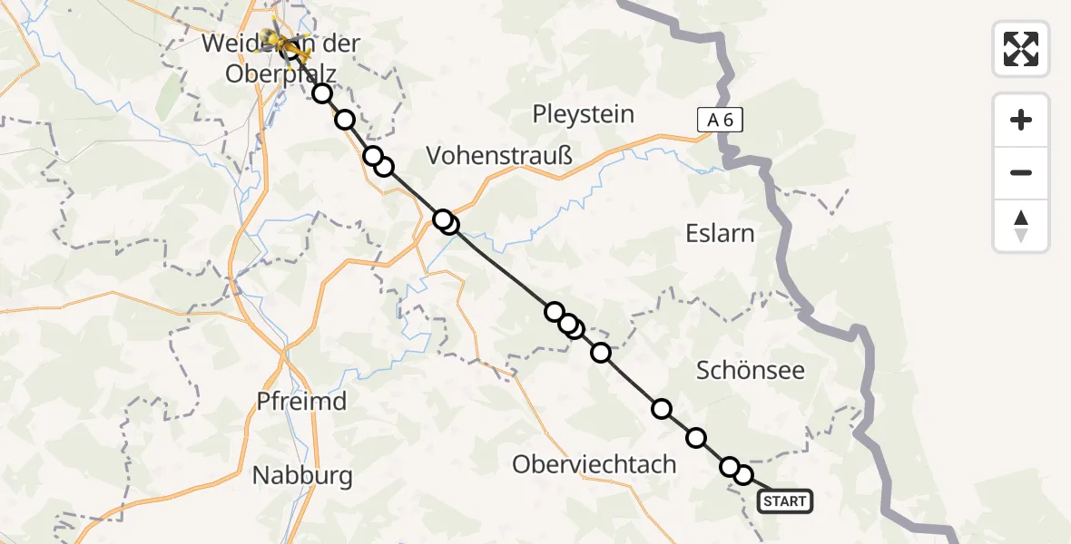 Flugroute Rettungshubschrauber Tiefenbach - Weiden Hospital, 03 Juni 2026, 11:35