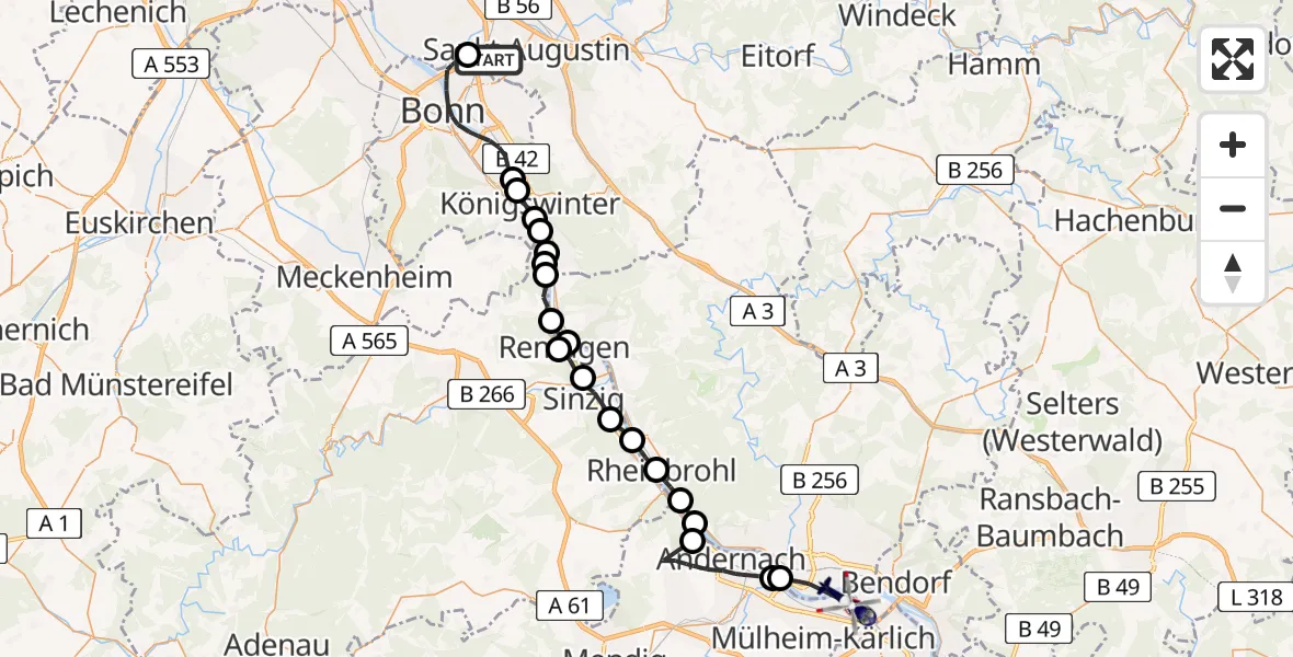 Flugroute Polizeihubschrauber Sankt Augustin - Urmitz, 03 Juni 2026, 11:42