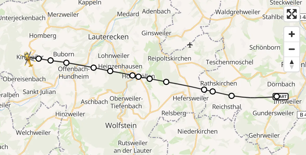 Flugroute Rettungshubschrauber Imsweiler UL - Kirrweiler, 03 Juni 2026, 11:44