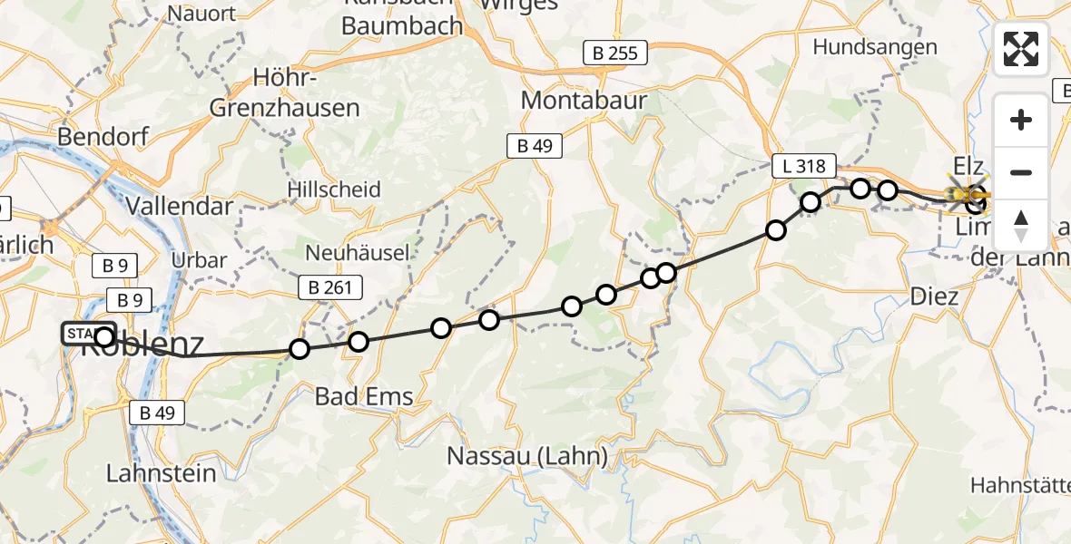 Flugroute Rettungshubschrauber Kemperhof Koblenz Klinikum Hubschrauberlandeplatz - Elz, 03 Juni 2026, 11:44